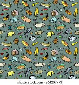 Cute doodle seamless pattern with cats and dogs