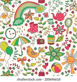 Cute doodle seamless pattern, childish style, different romantic things. Enjoy life concept. Use for wallpaper, pattern fills, web page background,surface textures. 