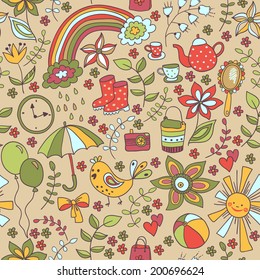 Cute doodle seamless pattern, childish style, different romantic things. Enjoy life concept. Use for wallpaper, pattern fills, web page background,surface textures. 