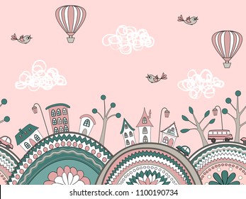 Cute doodle seamless pattern. City hills