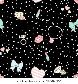 Cute doodle seamless pattern decorated with jewelry and cosmetic on black background and snow dot.