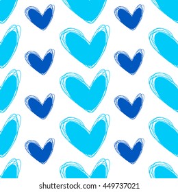 Cute doodle seamless pattern. Heart hand drawings. Background for creativity. Blue and white