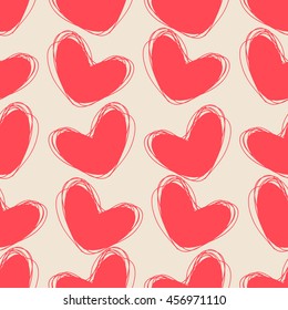 Cute doodle seamless pattern. Heart hand drawings. Background for creativity. Rosy, cream colors