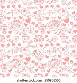 Cute doodle seamless pattern with hearts and sweets. Coffee backdrop. Happy Valentine's Day background. Pink pattern