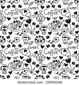 Cute doodle seamless pattern with hearts and sweets. Coffee backdrop. Happy Valentine's Day background