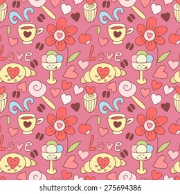 Cute doodle seamless pattern with hearts and sweets. Coffee backdrop. Happy Valentine's Day background