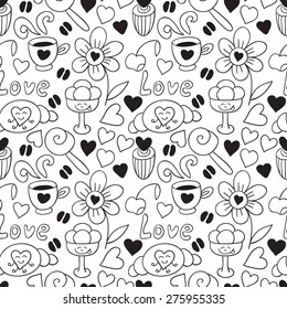 Cute doodle seamless pattern with hearts and sweets. Coffee print. Happy Valentine's Day background.