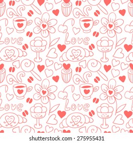 Cute doodle seamless pattern with hearts and sweets. Coffee print. Happy Valentine's Day background.