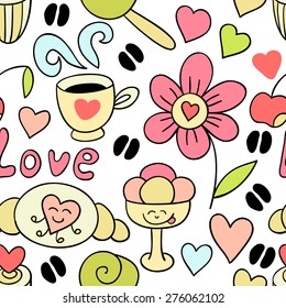 Cute doodle seamless pattern with hearts and sweets, flower, coffee.