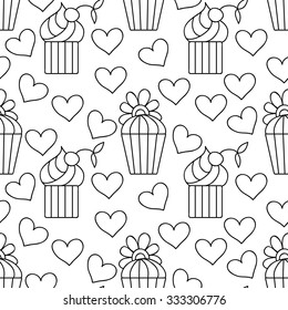 Cute doodle seamless pattern with hearts and sweets. Cupcake backdrop. Happy Valentine's Day background. Monochrome pattern