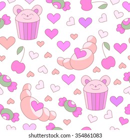 Cute doodle seamless pattern with hearts and sweets. Cupcake backdrop. Happy Valentine's Day background. 