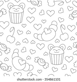 Cute doodle seamless pattern with hearts and sweets. Cupcake backdrop. Happy Valentine's Day background. 