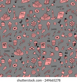 Cute doodle seamless pattern. Love and sweets.