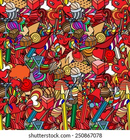 Cute doodle seamless pattern. Love and sweets.