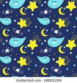 Cute doodle seamless pattern. Moon and stars. Vector illustration.