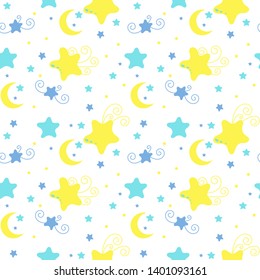 Cute doodle seamless pattern. Moon and stars. Vector illustration.