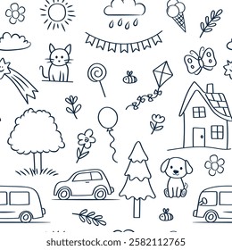 Cute doodle seamless pattern naive children's drawings. House, tree, cat, dog on the background. Vector background.