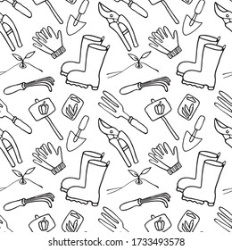 Cute Doodle seamless pattern on the theme of gardening. Hand-drawn vector illustration.