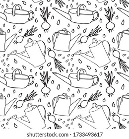 Cute Doodle seamless pattern on the theme of gardening. Hand-drawn vector illustration.