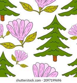 Cute doodle seamless pattern with primrose and spruce. Spring forest background. 