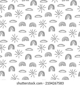 Cute doodle seamless pattern with rainbows. Hand drawn vector rainbow pattern on white backgrownd.