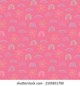 Cute doodle seamless pattern with rainbows. Hand drawn vector rainbow pattern on white backgrownd.