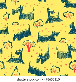 Cute doodle seamless pattern with Scotch Terrier dog breed. Outdoor pets with footprints and trees and bushes