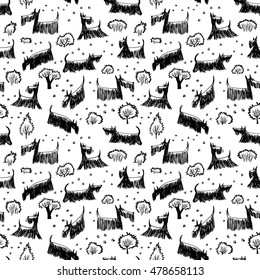 Cute doodle seamless pattern with Scotch Terrier dog breed. Outdoor pets with footprints and trees and bushes
