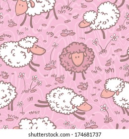 Cute doodle seamless pattern with sheeps 