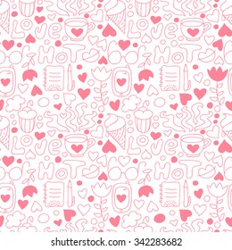 Cute doodle seamless pattern with sweets, flowers, coffee cup. Happy birthday background, coffee and cupcakes. Pink yummy background.
