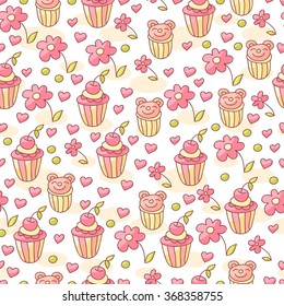 Cute doodle seamless pattern with sweets, flowers. Happy birthday background, hearts and cupcakes. Colorful yummy background.