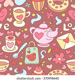 Cute doodle seamless pattern with sweets, flowers, tea, coffee cup. Happy birthday background