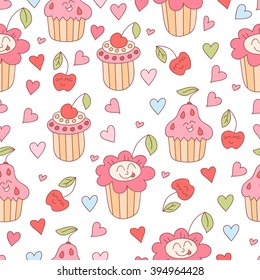 Cute doodle seamless pattern with sweets, flowers, coffee cup. Happy birthday background, coffee and cupcakes. Colorful yummy background.