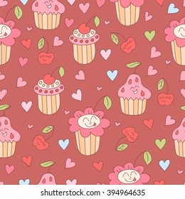 Cute doodle seamless pattern with sweets, flowers, coffee cup. Happy birthday background, coffee and cupcakes. Colorful yummy background.