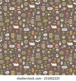 Cute doodle seamless pattern - tea, herbal, pot, ginger, muffin, cupcake, cat, dog mug, sugar, mugs, cups, macaroon - endless texture for textile fabric or wrapping paper design.