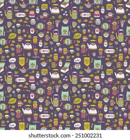 Cute doodle seamless pattern - tea, herbal, pot, ginger, muffin, cupcake, cat, dog mug, sugar, mugs, cups, macaroon - endless texture for textile fabric or wrapping paper design.