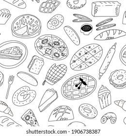 Cute doodle seamless pattern with various traditional American, Spanish, German, Italian and other bakery and pastry. Vector isolated illustration for wrapping paper, textile, fabric print and other.