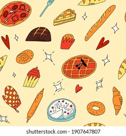 Cute doodle seamless pattern with various traditional American, Spanish, German, Italian and other bakery and pastry. Vector illustration for wrapping paper, textile, fabric print and other.