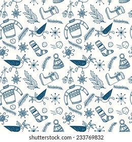 Cute doodle seamless pattern with winter and Christmas theme: clothes, snow,  tree.