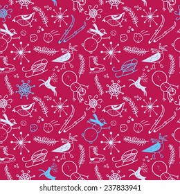Cute doodle seamless pattern with winter theme: deers, snowman, crow, bird