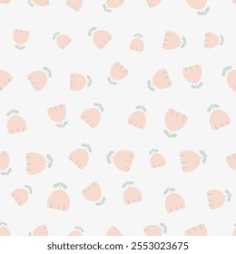 Cute doodle seamless repeat pattern with cream flowers on white background. Simple floral backdrop. Shabby chic floral backdrop.