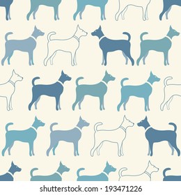 Cute doodle seamless vector pattern of dog silhouettes. Endless texture can be used for printing onto fabric, web page background and paper or invitation. Doggy style. White and blue colors.