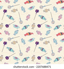 Cute doodle seamless vector pattern. Sweets candy. For textile, wallpaper, wrapping.