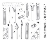 Cute doodle set of back to school stationery with hand drawn outline. Collection of rulers, protractor, compass, erasers, sharpeners, ballpoint pen, bookmarks. School supply for study, draw and work.