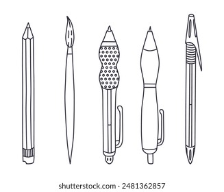 Cute doodle set of back to school stationery with hand drawn outline. Collection of pencil, pen with cap and mechanical, brush for drawing, writing. School supply and stationary for study, work.