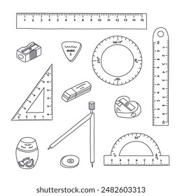 Cute doodle set of back to school stationery. Clipart collection of long, circle, triangle rulers, protractor, compass, erasers, sharpeners. School supply for study and work with hand drawn outline