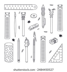 Cute doodle set of back to school stationery with hand drawn outline. Collection of rulers, protractor, compass, erasers, sharpeners, ballpoint pen, bookmarks. School supply for study, draw and work.