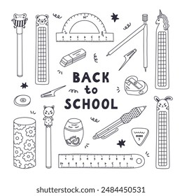 Cute doodle set of back to school stationery with hand drawn outline. Collection of rulers, protractor, compass, erasers, sharpeners, ballpoint pen, bookmarks. School supply for study, draw and work