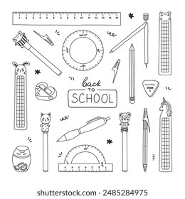 Cute doodle set of back to school stationery with hand drawn outline. Collection of rulers, protractor, compass, erasers, sharpeners, ballpoint pen, bookmarks. School supply for study, draw and work