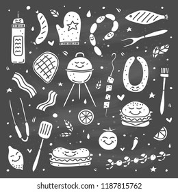 Cute doodle set of barbecue icons isolated on the blackboard.